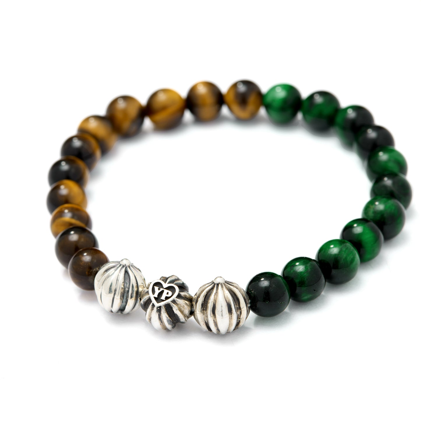 【期間限定】MADE IN YP パワーストーンブレスレット：TIGER'S EYE × GREEN TIGER'S EYE（シルバー3個）【受注生産】
